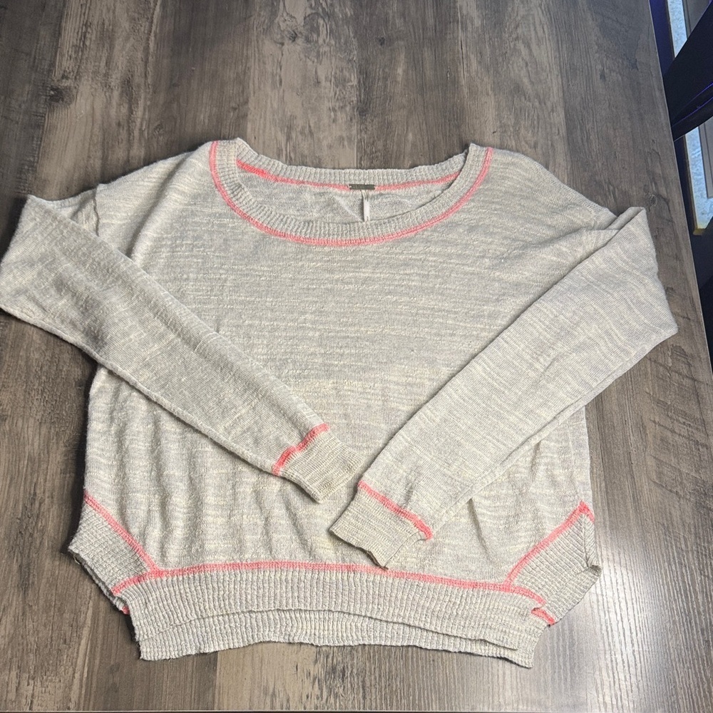 Free People Grey and Cream Light Weight Sweater with Pink Trim
